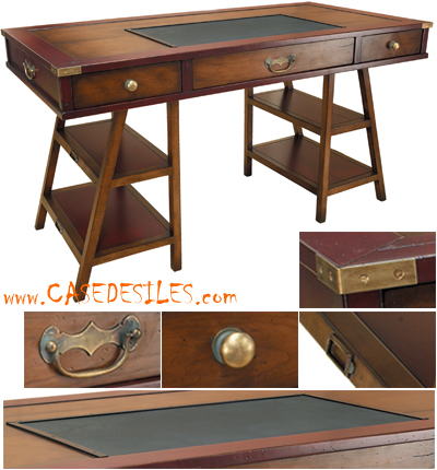 Bureau bois marine laiton et cuir rouge MF012 Pas Cher Bureau bois marine laiton et cuir rouge MF012 Pas Cher