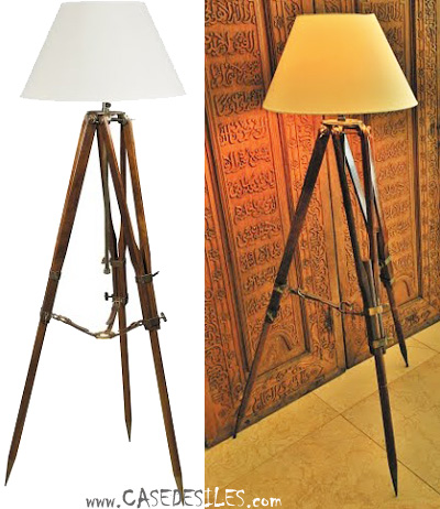 Lampe trépied campagne marine bois laiton cuir SL019C