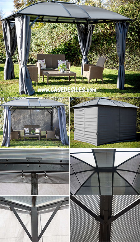 Gloriette aluminium rideaux toit 4 pentes polycarbonate GL3630AL