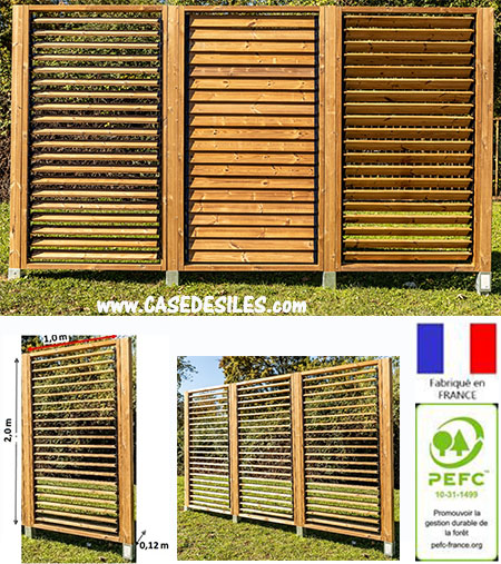 Panneau clôture bois ventelles mobiles orientables 200x100cm