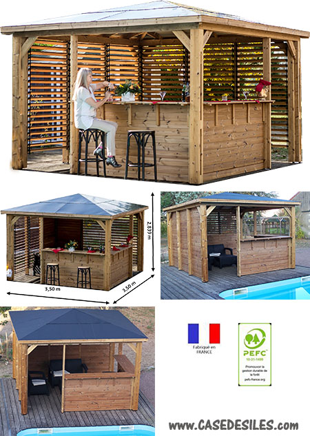 Pergola bois 2 ventelles 2 comptoirs bar toit alu composite 3535