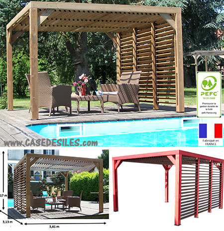 Pergola bois ventelles mobiles sur toit et mur 3531VT