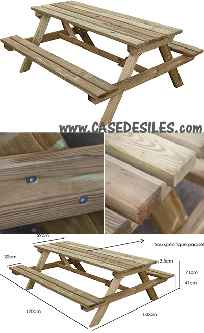 Table pique nique bois avec bancs intégrés 1084