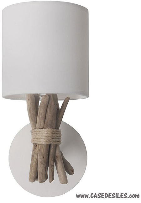 Lampe applique bois flotté et corde chanvre blanche
