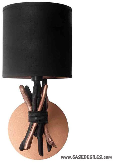 Lampe applique bois flotté et cordage chanvre noire cuivre