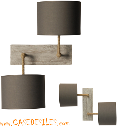 Lampe applique bois patiné cordage 2 abat jour CEN