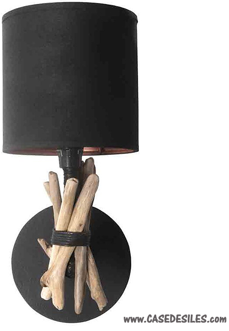 Lampe applique en bois flotté et corde chanvre noire