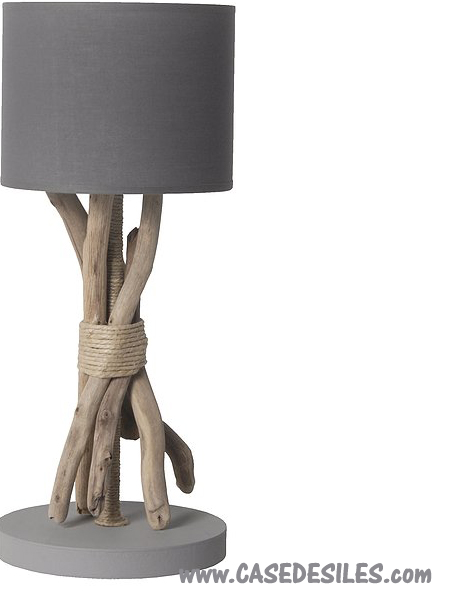 Lampe bois flotté cordage chanvre à poser H44cm grise