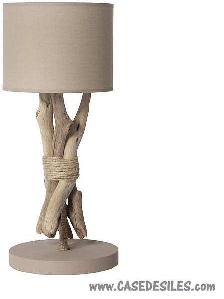 Lampe bois flotté cordage chanvre à poser H44cm taupe