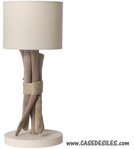 Lampe de chevet bois flotté et galets base gris brun.