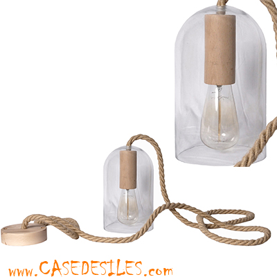 Lampe suspension cordage cloche en verre Rep