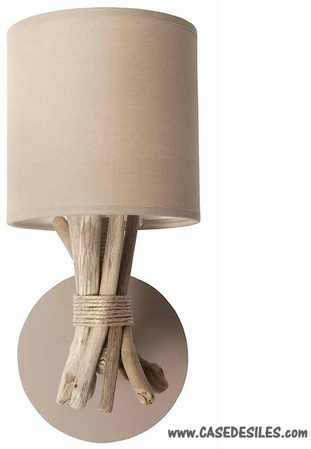 Luminaire applique bois flotté et corde chanvre taupe