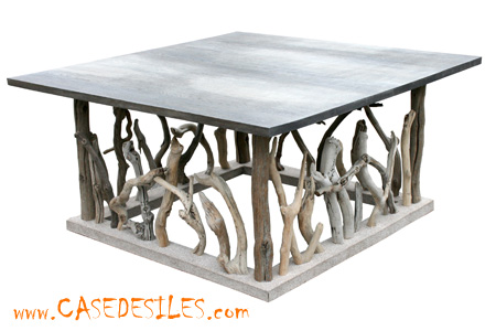 Table basse bois flotté plateau chêne carrée 100cm