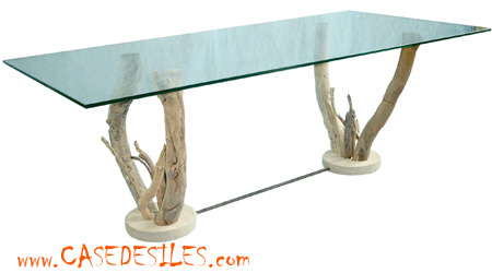 Table basse bois flotté plateau verre Madelon