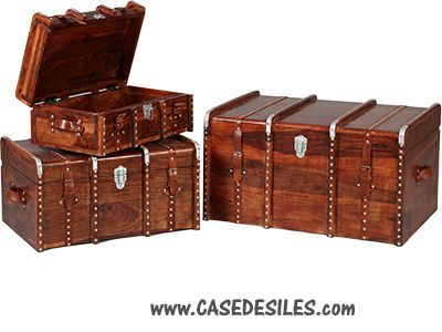 Coffres gigognes bois massif cuir métal lot de 3-923 Pas Cher Coffres gigognes bois massif cuir métal lot de 3-923 Pas Cher