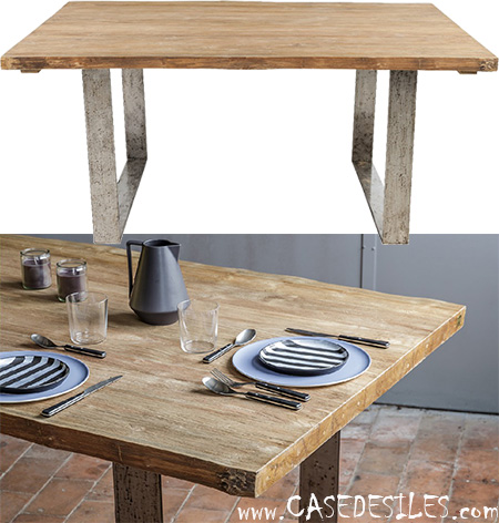 Table teck naturel brossé brut et fer forgé 170cm