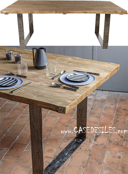 Table teck naturel brossé brut et fer forgé 220cm