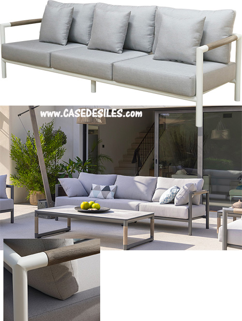 Canapé 3 places aluminium teck avec coussins pour jardin Cao6167