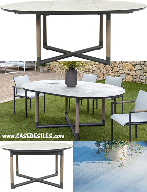 Table ronde de jardin extensible alu teck HPL béton ciré 6151 en promotion