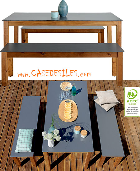 Set table bancs de jardin bois HPL 6pl Nelio 858