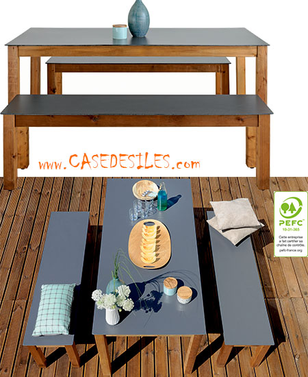 Set table bancs de jardin bois HPL 6pl Nelio 858 Set table bancs de jardin bois HPL 6pl Nelio 858