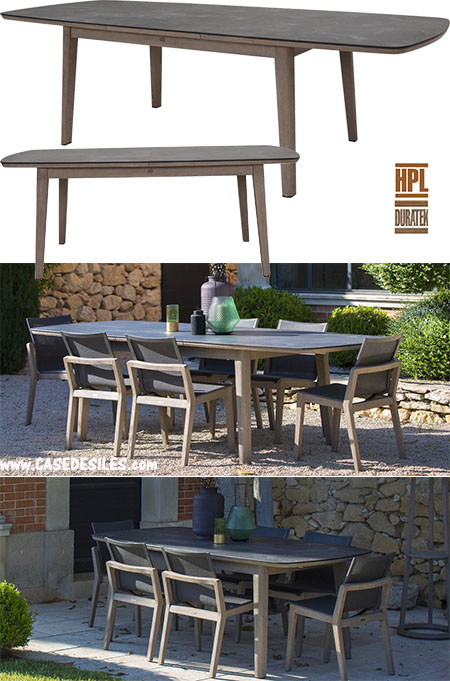 Table de jardin teck et HPL ardoise extensible rect 200 à 280cm