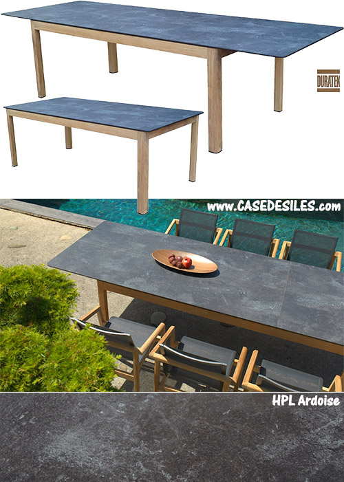 Table de jardin extensible teck HPL ardoise 214-305cm Tekura 2310