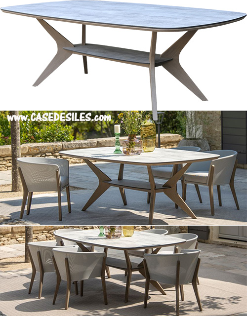 Table de jardin teck HPL effet béton ciré ovale 225cm TAO8000