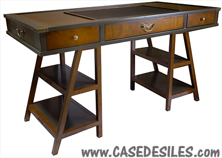 Bureau bois marine laiton et cuir gris MF022G