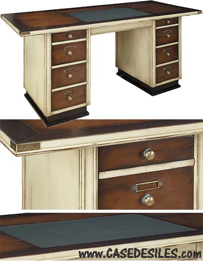 Bureau en bois laiton et cuir marine ivoire MF013