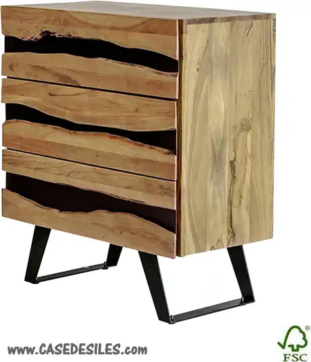 Commode bois massif brut acacia et acier à 3 tiroirs 3540