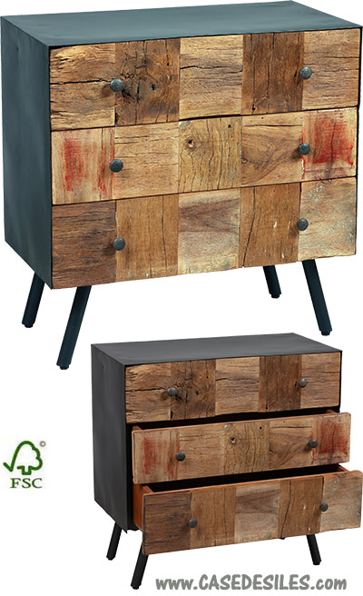 Commode industrielle bois et métal vieilli brossé 3440