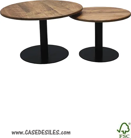Lot 2 tables basses industrielles rondes acier bois 4200