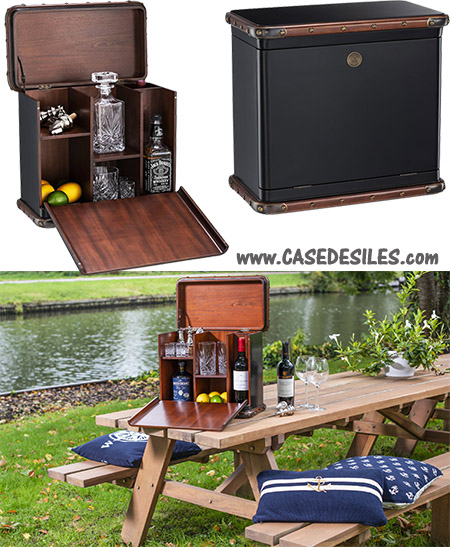 Mini bar coffre bois cuir laiton portatif MF162