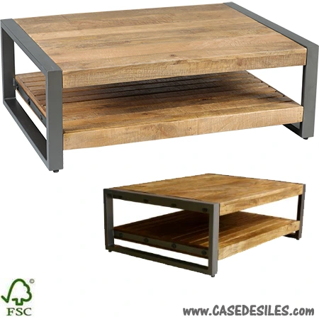 Table basse industrielle acier bois carée 100cm 3485