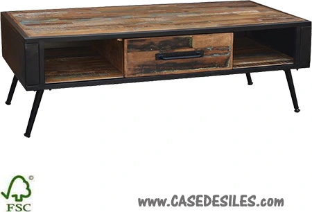Table basse industrielle acier bois recyclé rect 120cm 1903