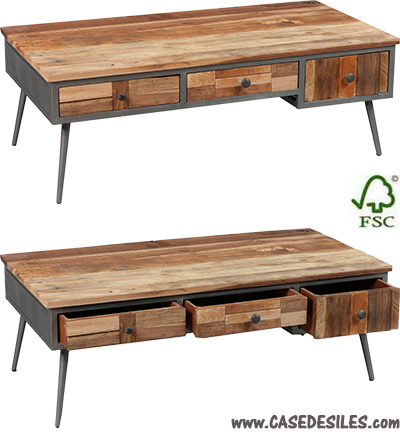 Table basse métal acier bois patchwork 3 tiroirs 3475