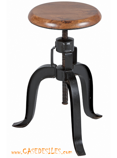 Tabouret à vis industriel acier et bois 1893